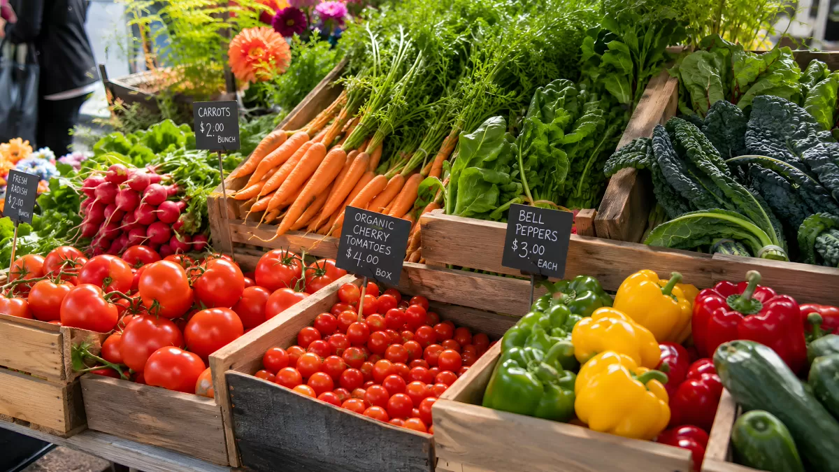 Buntes Gemüse frisch am Wochenmarktstand