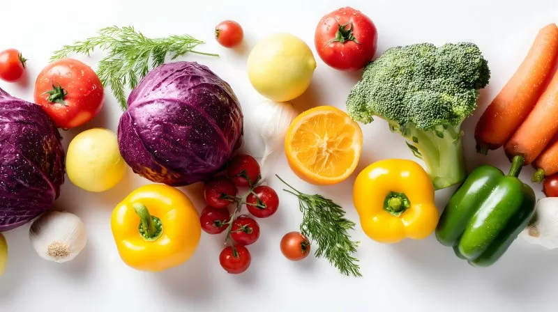 Buntes Gemüse und Obst auf weißem Hintergrund arrangiert