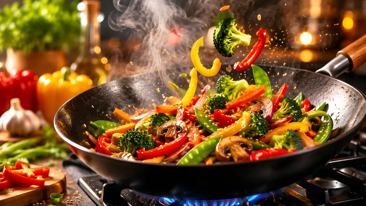 Buntes Gemüse wird in einem Wok gebraten