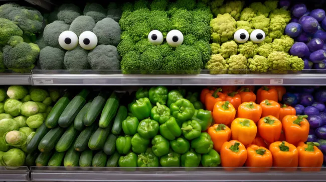 Buntes Gemüseregal mit lustigen Kulleraugen