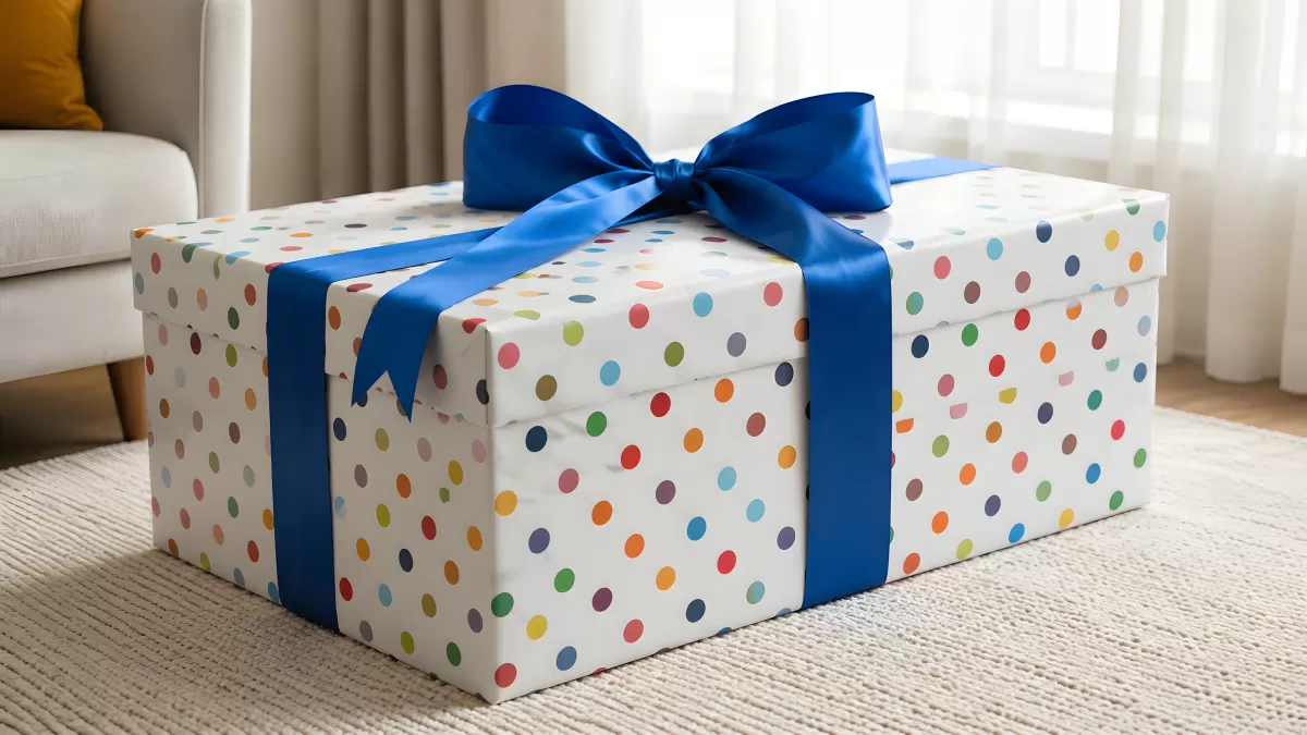 Buntes Geschenkpaket mit Punkten und blauer Schleife