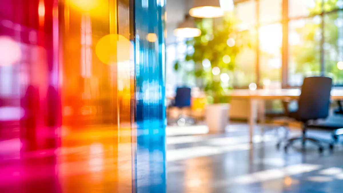 Buntes Glas im modernen Büro mit Sonnenlicht