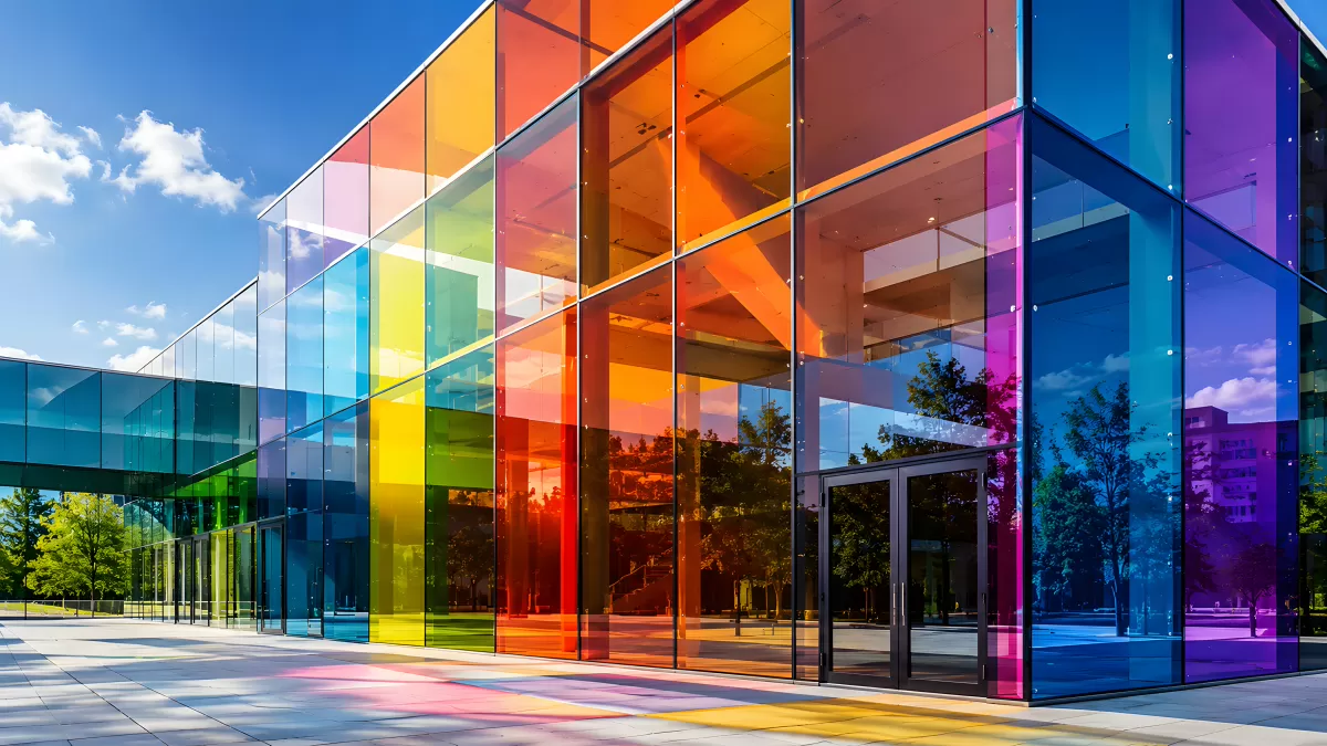 Buntes Glasfassade-Gebäude mit Regenbogenfarben