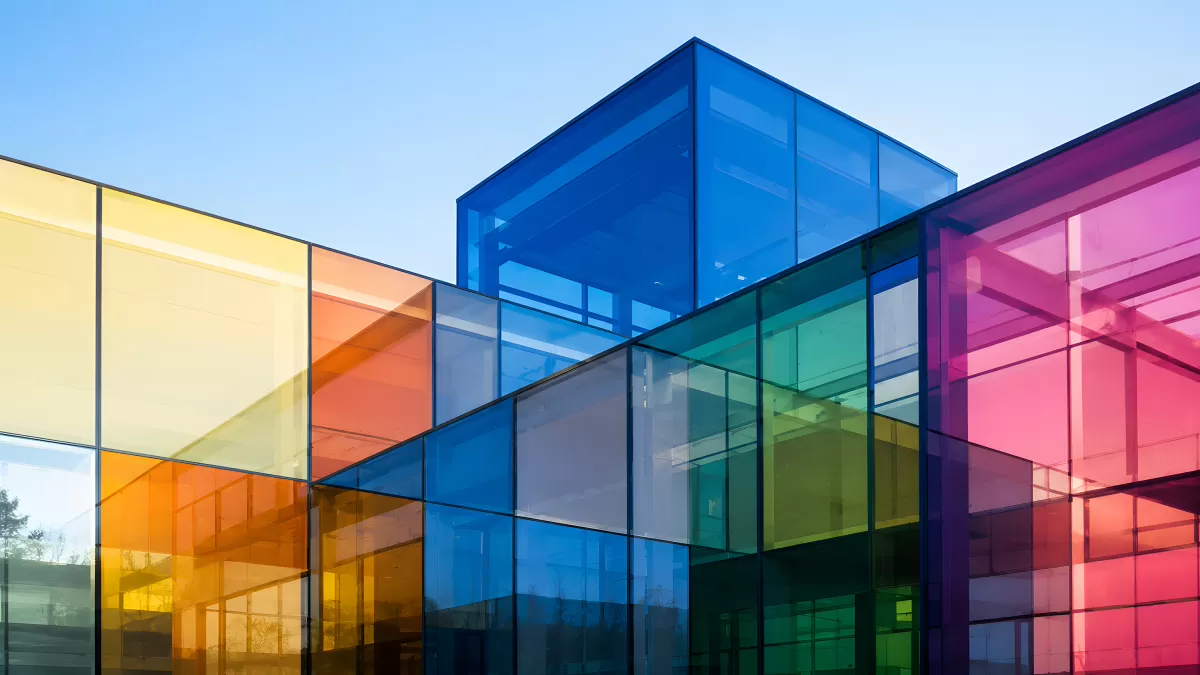 Buntes Glasgebäude mit farbigen Fassadenpanelen