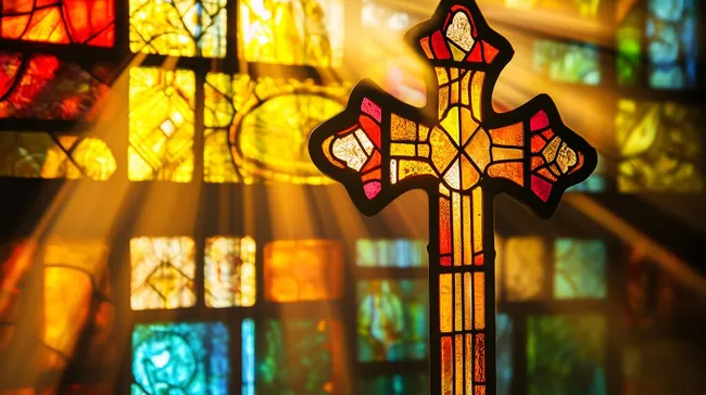 Buntes Glaskreuz in einer sonnendurchfluteten Kirche
