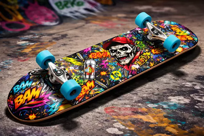 Buntes Graffiti-Skateboard mit Schädel-Motiv