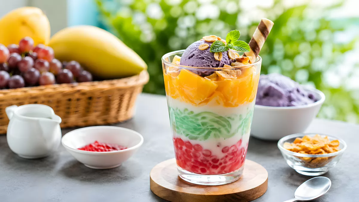 Buntes Halo-Halo-Dessert mit Ube-Eis und Mango