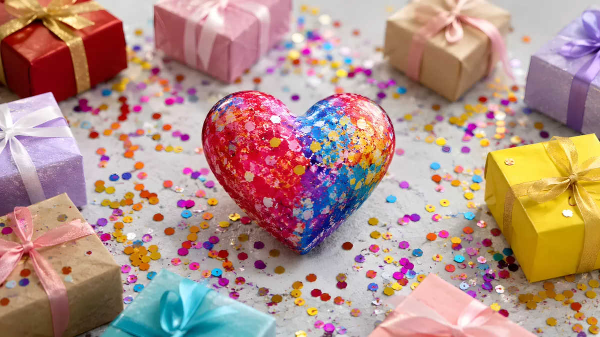 Buntes Herz mit Konfetti und Geschenkboxen