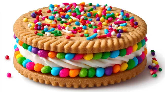 Buntes Kekse-Sandwich mit Cremefüllung und Streuseln