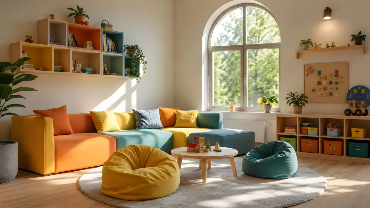 Buntes Kinderzimmer mit Sitzsäcken und Regalwand