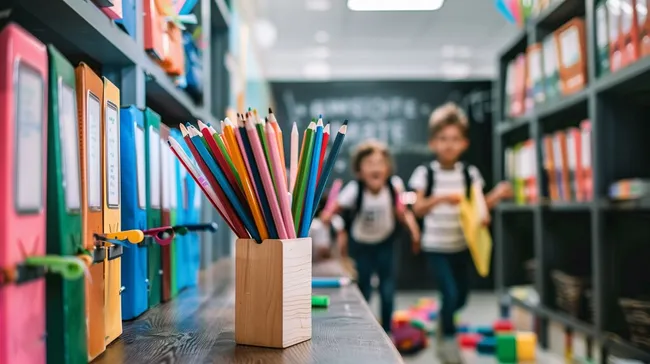 Buntes Klassenzimmer am Schulstart mit Stiften und Aktenordnern