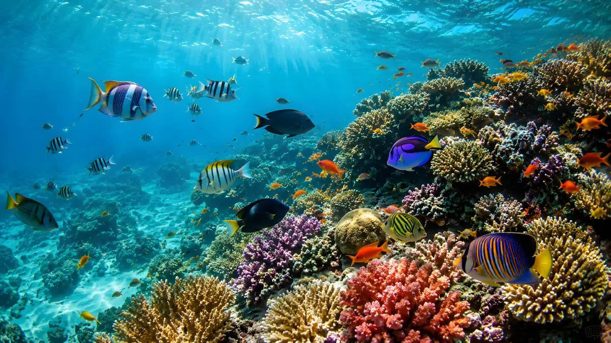 Buntes Korallenriff mit tropischen Fischen im Meer