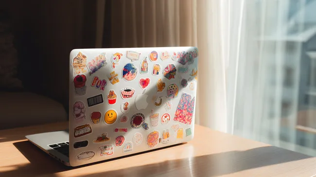 Buntes Laptop-Sticker-Collage im Sonnenlicht