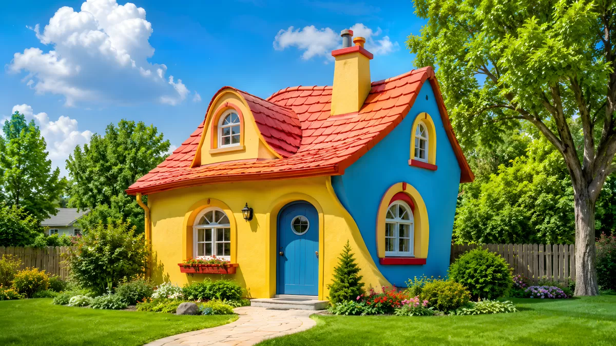 Buntes Märchenhaus mit rotem Dach im Sonnenschein