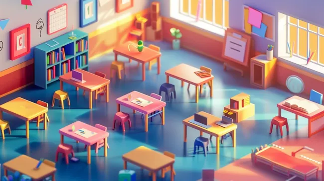 Buntes, modernes Klassenzimmer mit Möbeln und Dekor