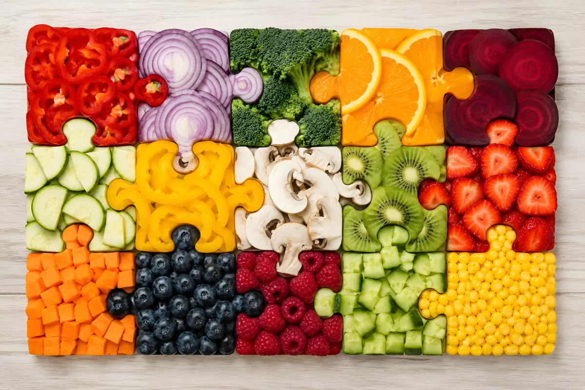 Buntes Obst und Gemüse als Puzzle-Teile arrangiert