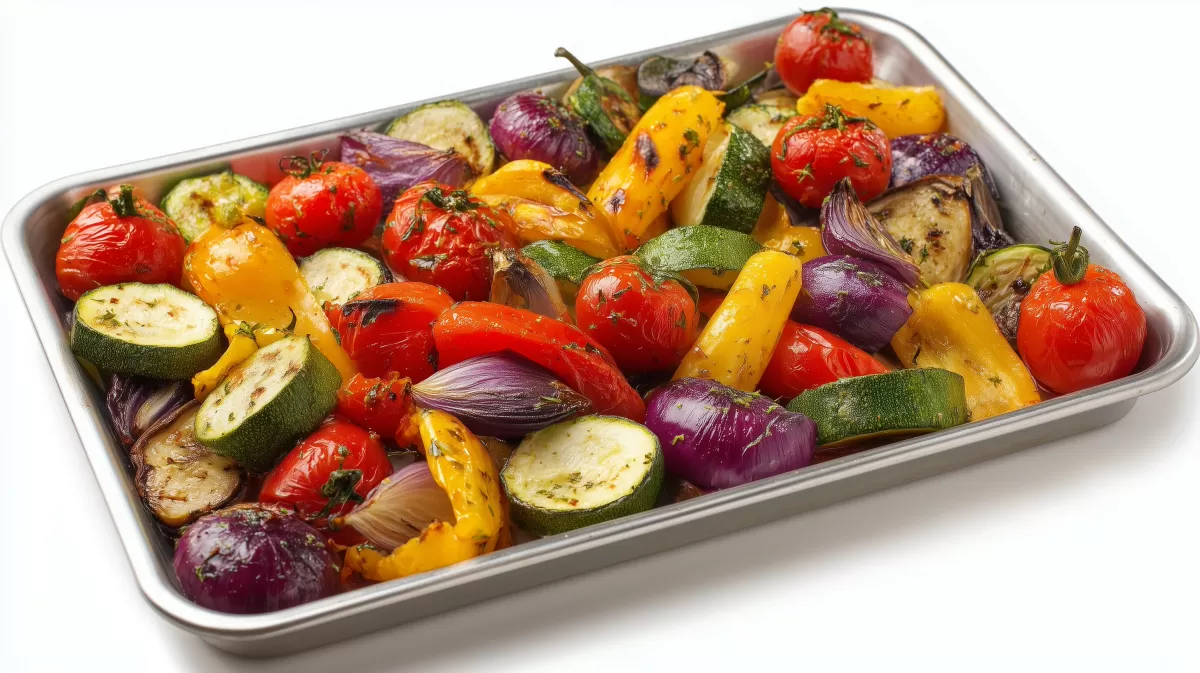 Buntes Ofengemüse auf Backblech aus Metall