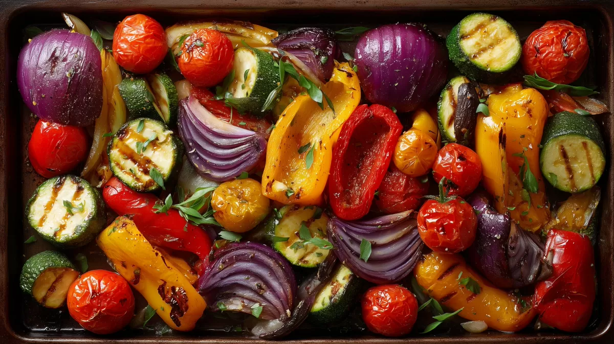 Buntes Ofengemüse auf Backblech mit Kräutern
