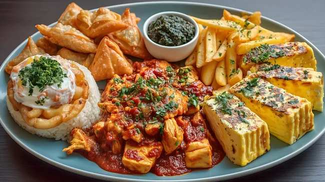 Buntes orientalisches Gericht mit Curryreis, Samosas und Pommes