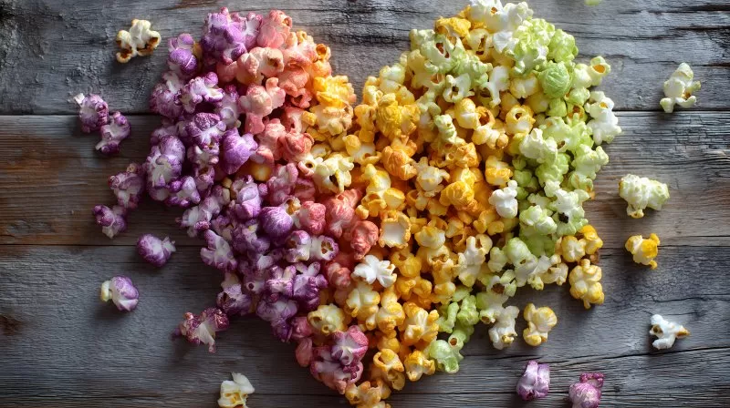Buntes Popcorn in Herzform auf Holz