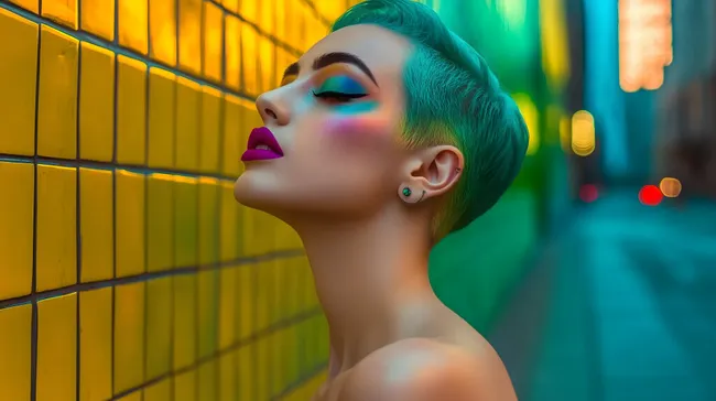 Buntes Portrait einer Frau mit knallgrünen Haaren