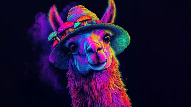 Buntes, psychedelisches Lama-Porträt mit Hut