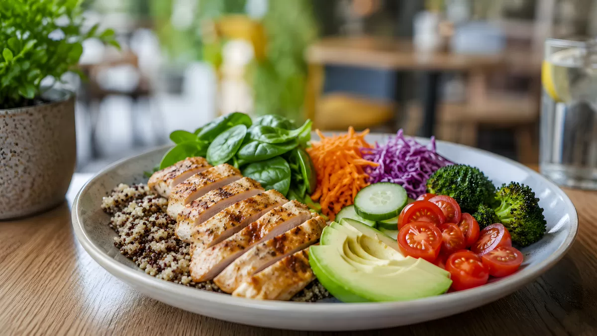 Buntes Quinoa-Bowl mit gegrilltem Hähnchen und Gemüse