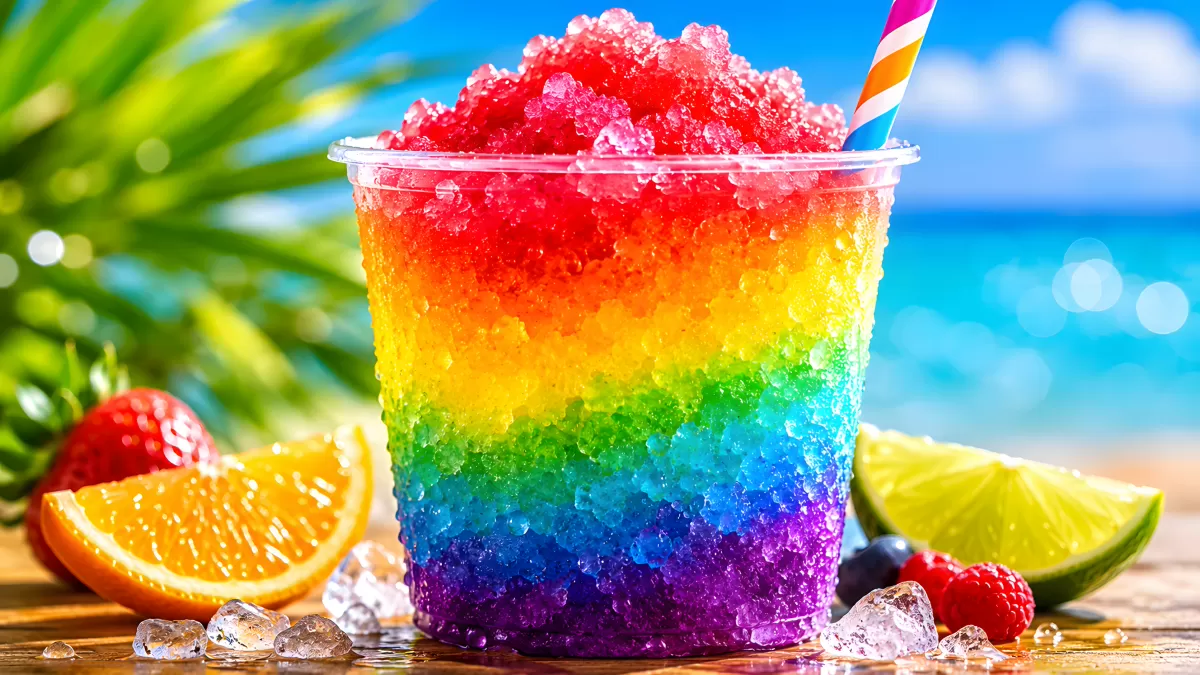 Buntes Regenbogen-Slush-Eis im Becher am Strand