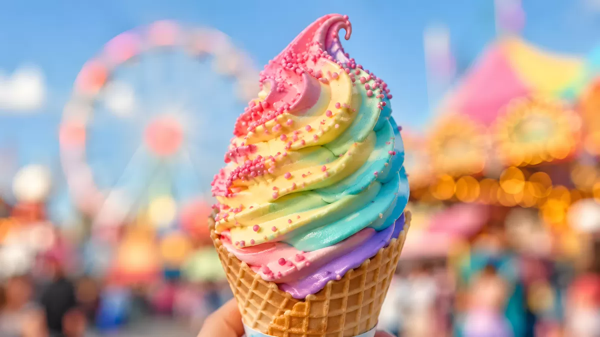 Buntes Regenbogen-Softeis in der Waffelwüte