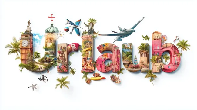 Buntes Reisefoto mit Wahrzeichen und Urlaubssymbolen