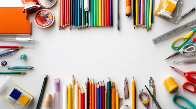 Buntes Schulmaterial auf weißem Hintergrund