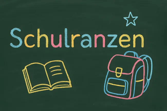 Buntes Schultafel-Arrangement mit Schulranzen-Grafik