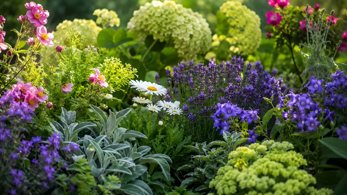 Buntes Staudenbeet mit Lavendel und Hortensien