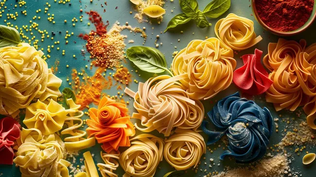 Buntes Stillleben mit Nudeln und Gewürzen