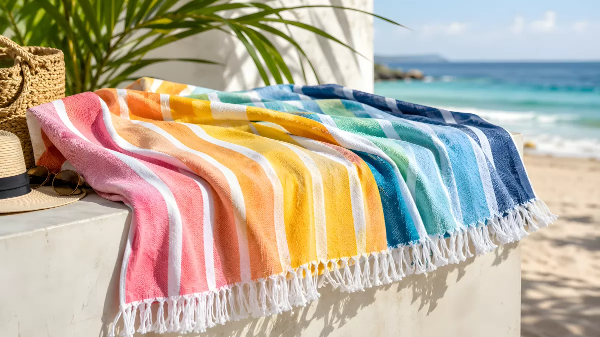 Buntes Strandtuch mit Regenbogenstreifen am Meer
