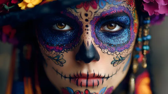 Buntes Sugar-Skull-Make-up mit Glitzer und Blumen