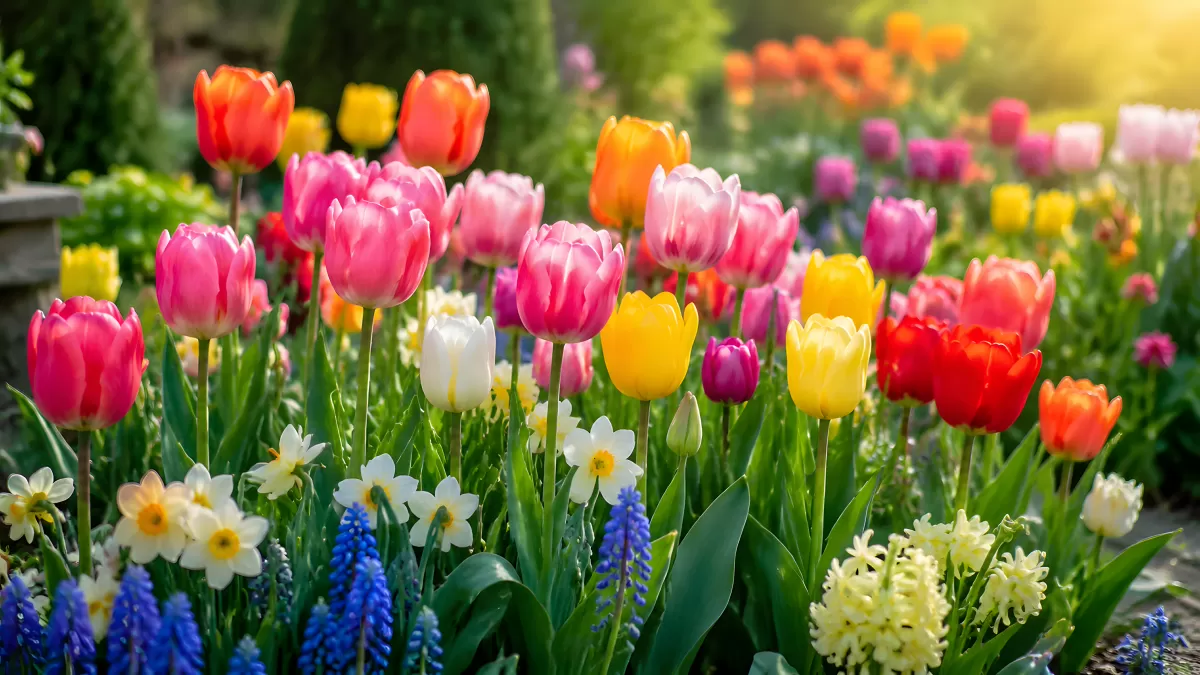 Buntes Tulpenbeet mit Narzissen und Hyazinthen im Frühling