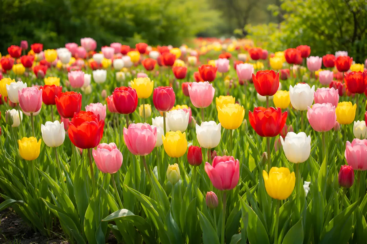 Buntes Tulpenfeld in voller Blüte im Frühling