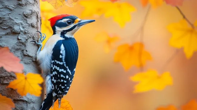 Buntspecht auf Baumstamm im herbstlichen Wald