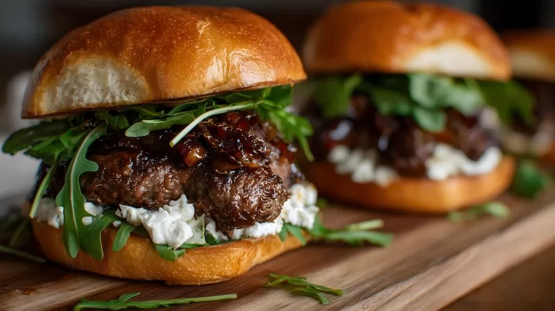 Burger mit Ziegenkäse Rucola und karamellisierten Zwiebeln