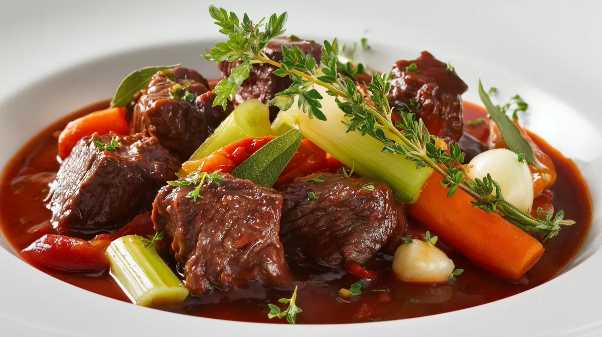 Burgunder Rinderragout mit Gemüse und Kräutern