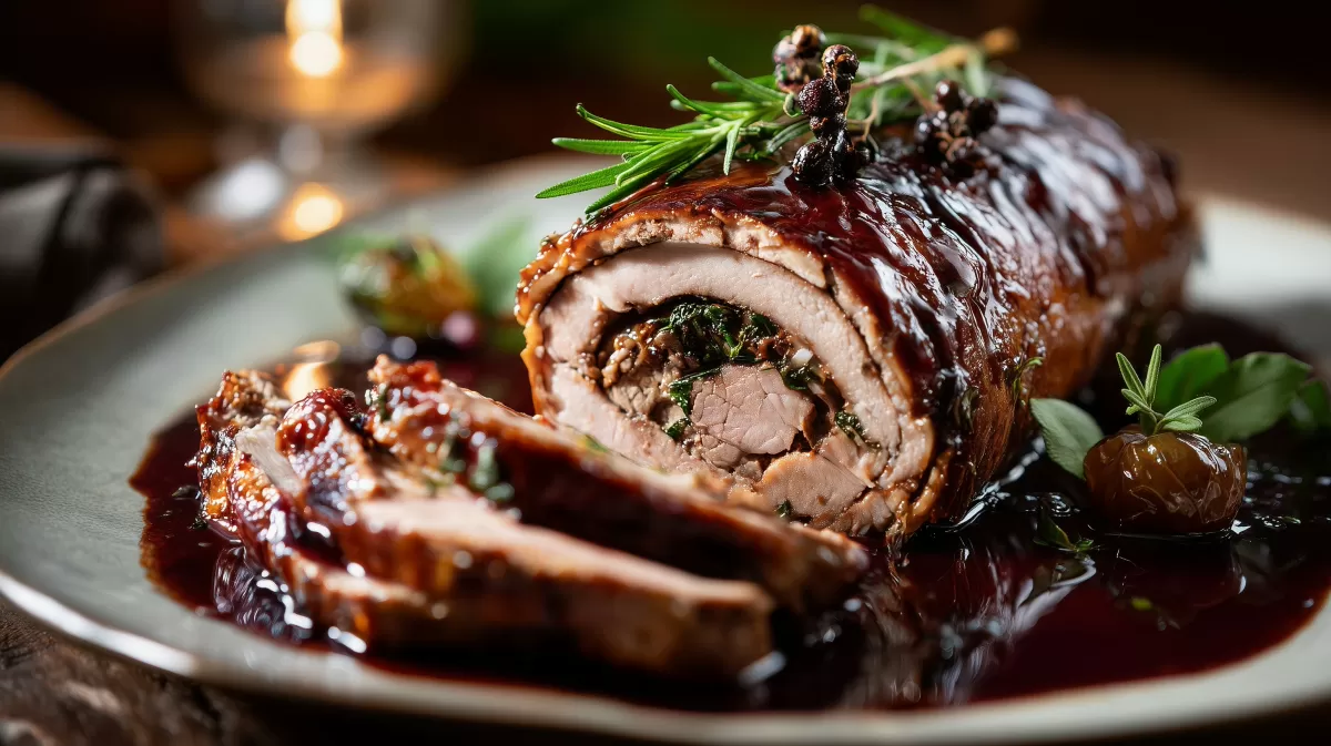 Burgunder Rollbraten mit Kräuterfüllung in Rotweinsauce