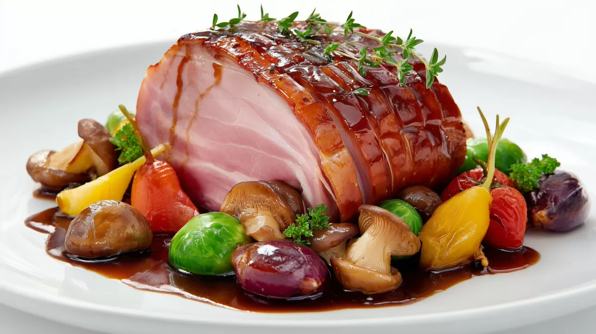 Burgunder Schinkenbraten mit Gemüse und Pilzen