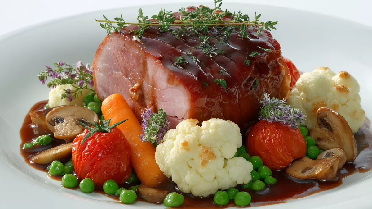 Burgunder Schinkenbraten mit Gemüse und Rotweinsauce