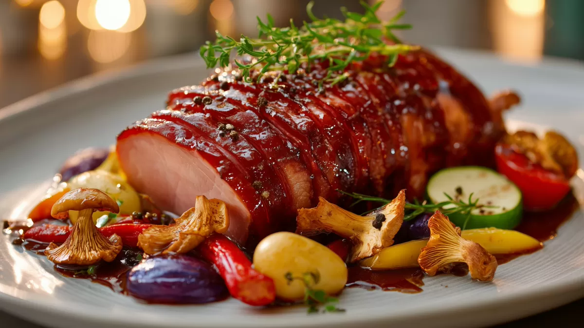 Burgunder Schinkenbraten mit Pfifferlingen und Gemüse
