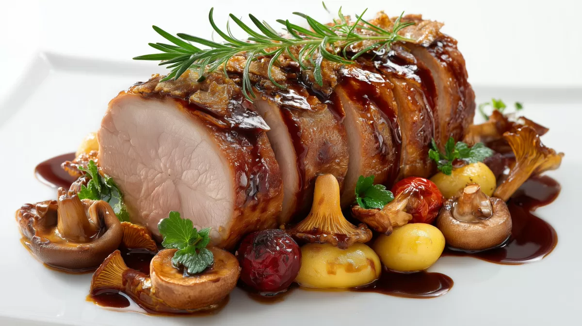 Burgunder Schweinebraten mit Gemüse und Pilzen