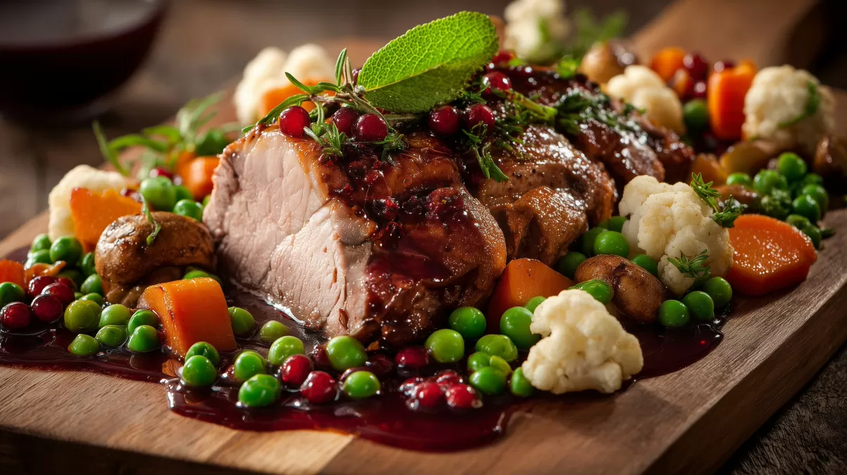 Burgunder Schweinebraten mit Gemüse und Rotweinsauce