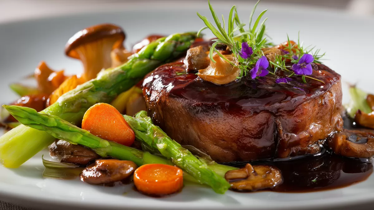 Burgunderbraten mit Pfifferlingen und grünem Spargel