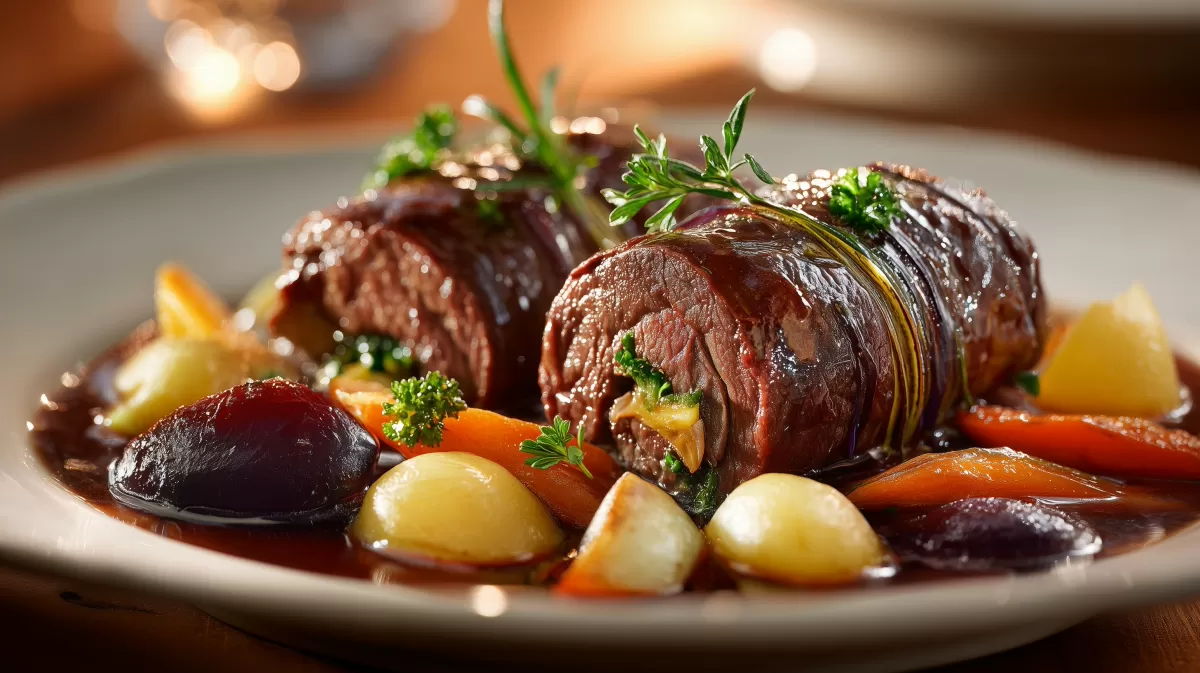 Burgundische Rinderrouladen im Römertopf mit Gemüse