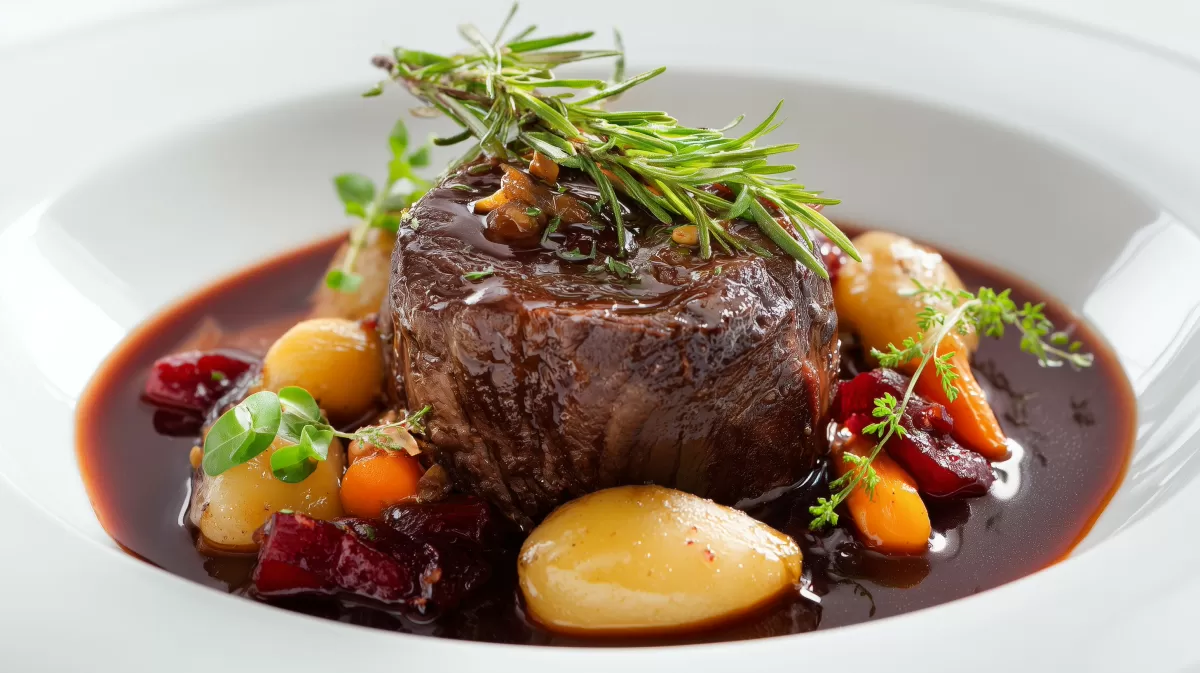 Burgundische Rinderrouladen im Römertopf mit Rotweinsauce